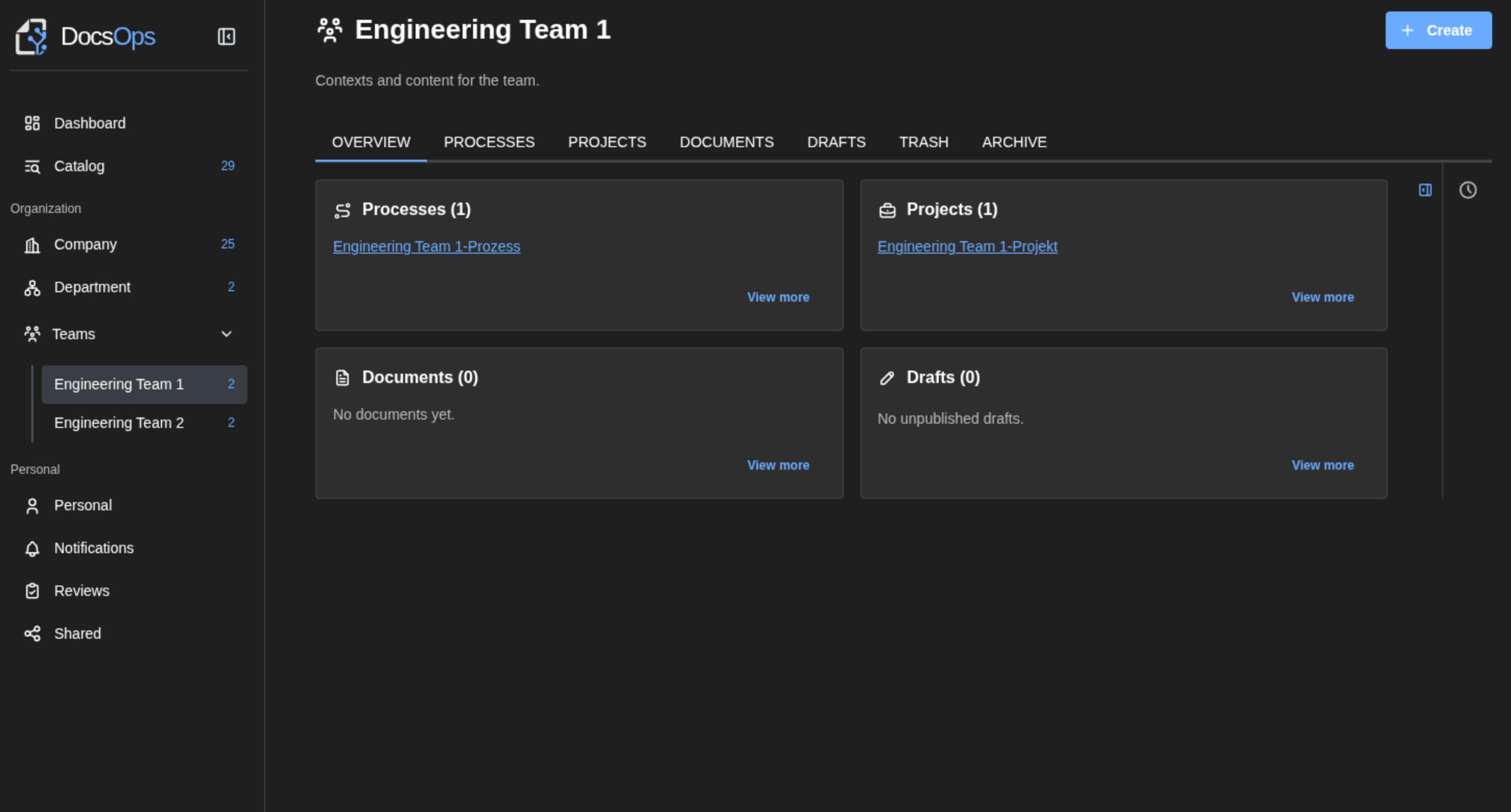 Team-Dashboard in DocsOps mit Prozessen, Projekten und Dokumenten im Geltungsbereich