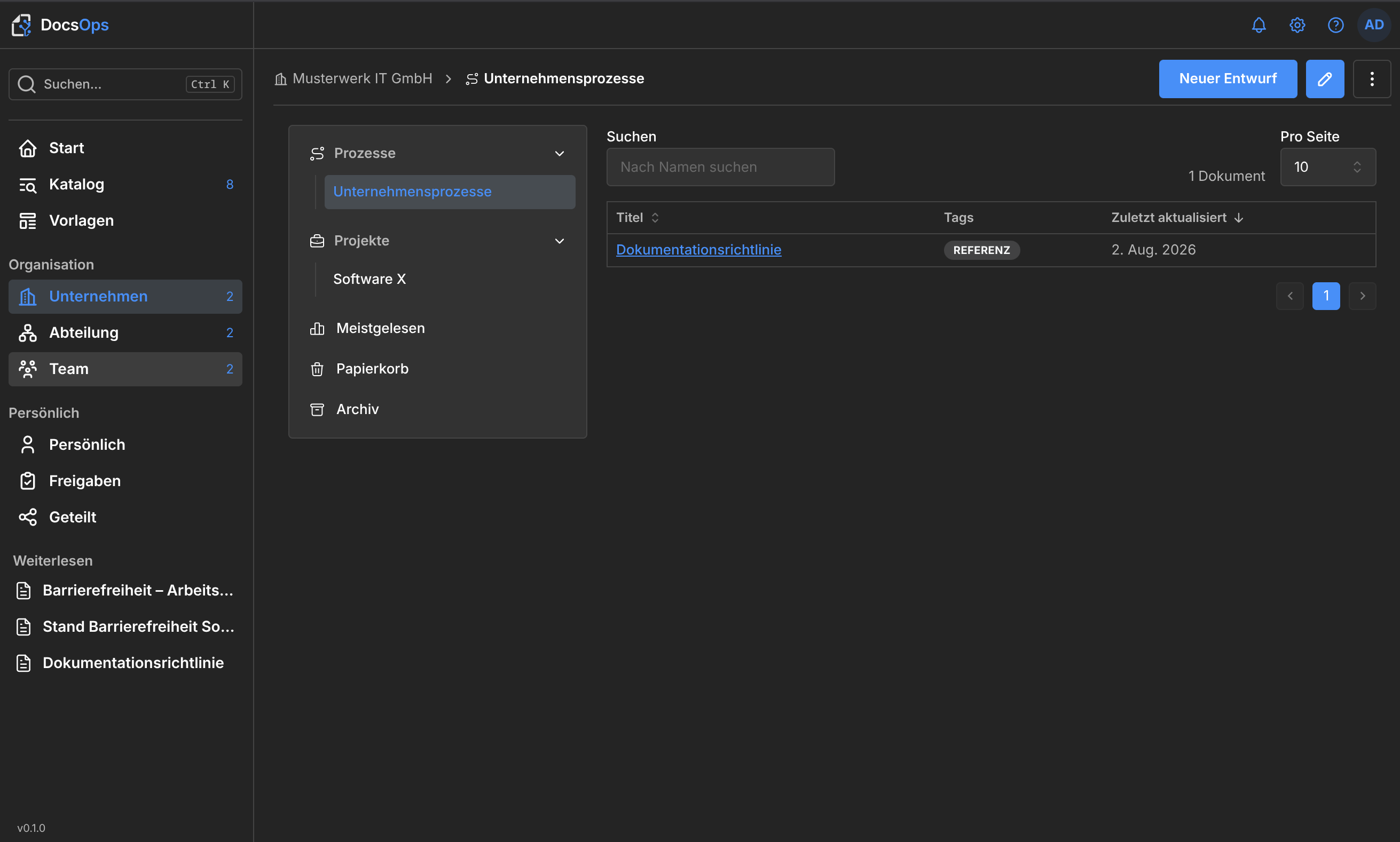 Team-Dashboard in DocsOps mit Prozessen, Projekten und Dokumenten im Geltungsbereich